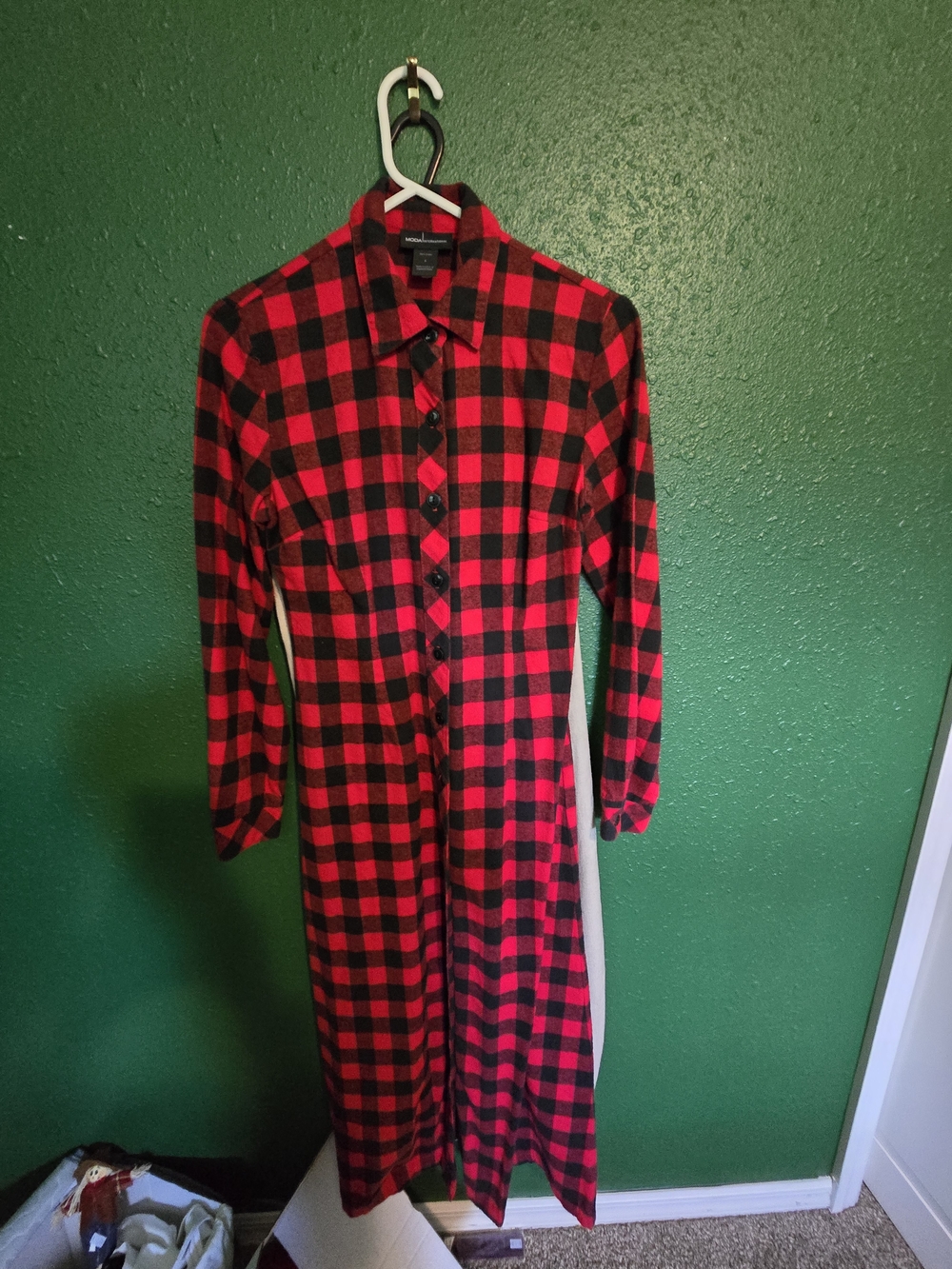 Plaid Button-Front Shirt Dress in Red and Black